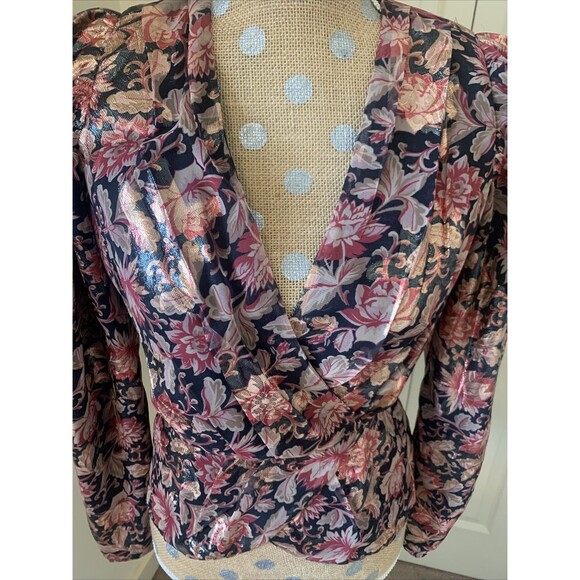 EXPRESS Women Metallic Whimsigoth Top Blouse Faux Wrap Dark Fairy Floral Small - Picture 2 of 13